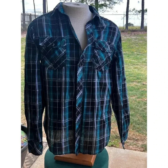 Rerun long sleeve button up medium green plaid - Picture 1 of 5